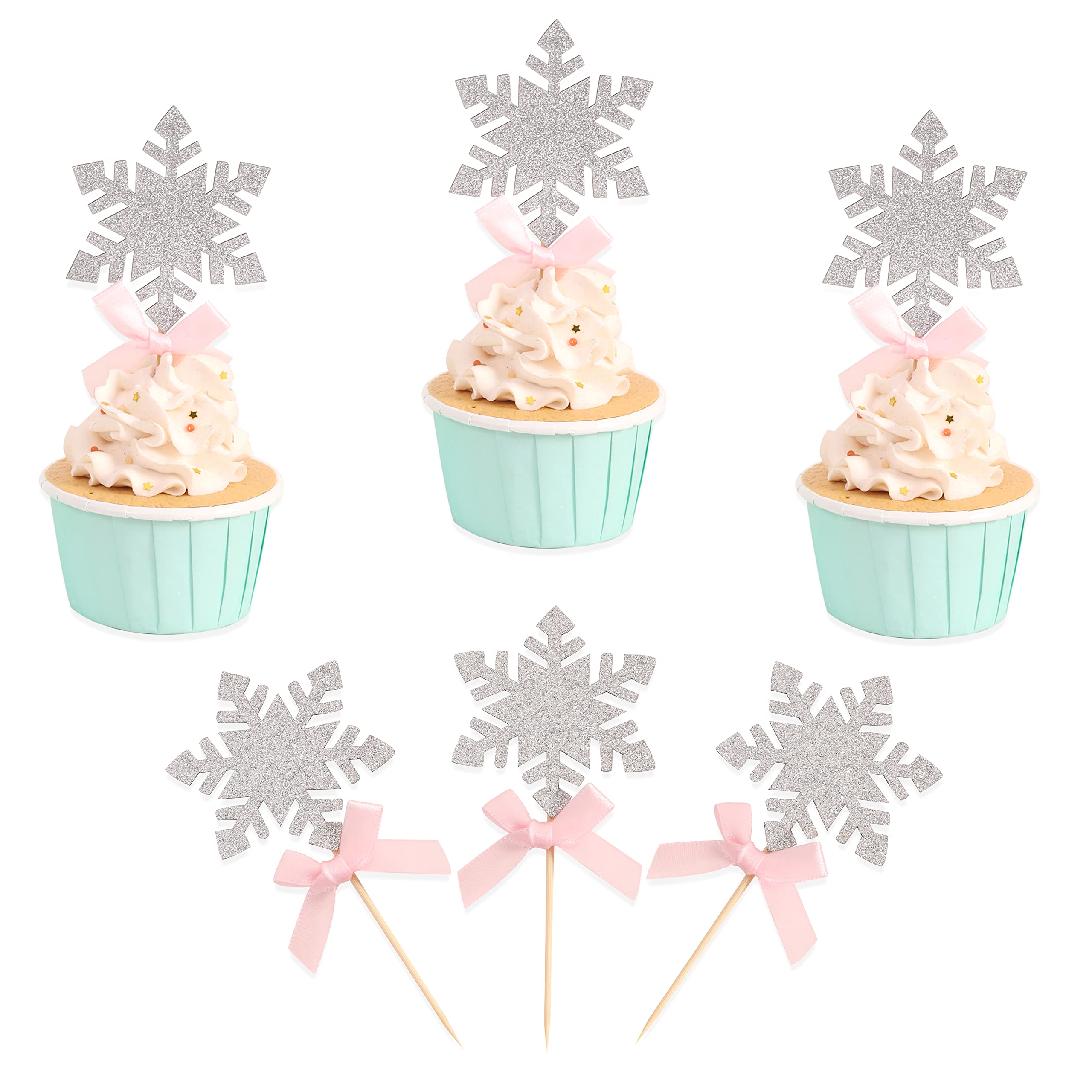 12 Pieces Winter Snowflake Decorations - Snowflake Cupcake Toppers, Frozen Party Cupcake Toppers, Country Christmas Decor, Photo Props, Best Winter Snowflake Decoration (Pink Winter Snowflake)