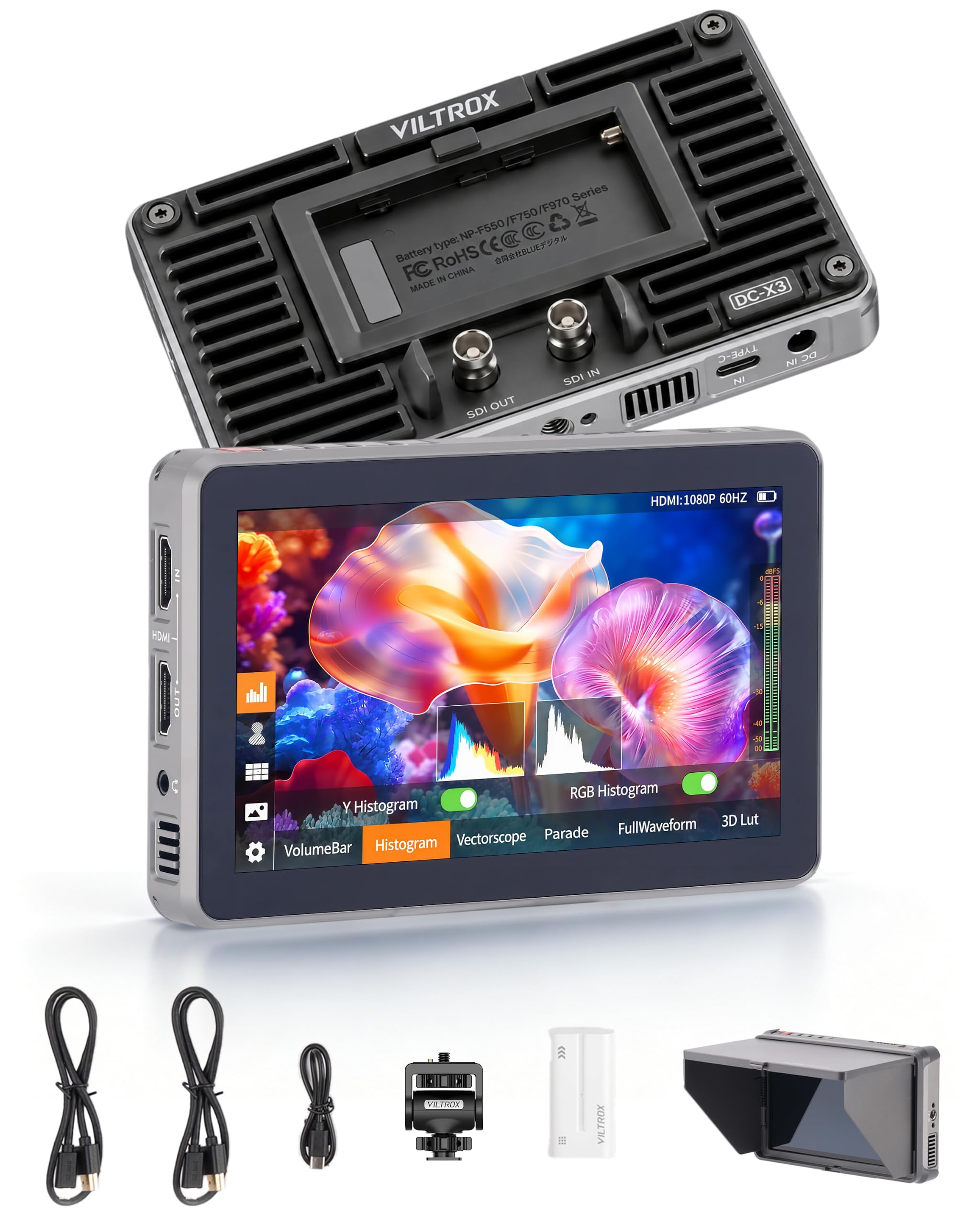 VILTROX Camera Field Monitor 4K 2000Nits 6 Inch Touchscreen Camera Monitor, Full HD 1920x1080 Video Monitoring, 3D Lut, 3G-SDI, Focus Peaking, with Sunshade Hood and Battery for Sony Canon Nikon