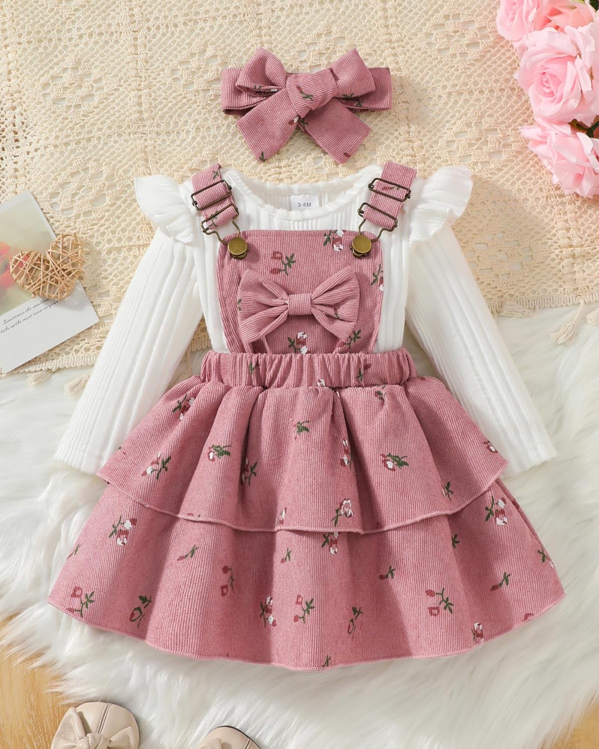 Baby Girl Fall Winter Skirt Set Newborn Overall Dress Long Sleeve Ribbed Romper Suspender Skirts 3Pcs Outfits - Image 3