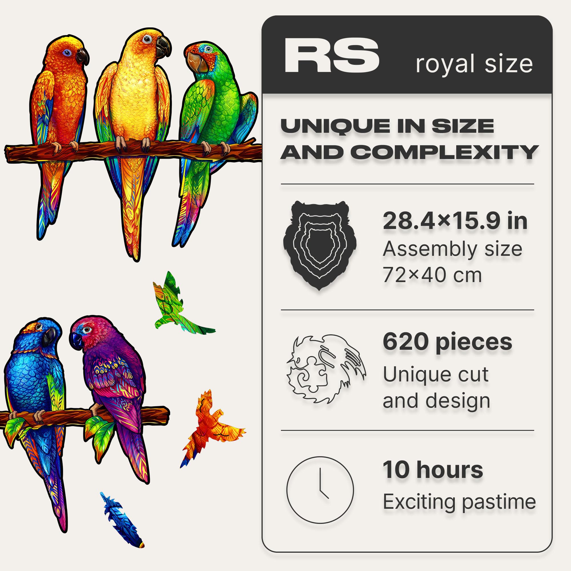UNIDRAGON Oryginalne drewniane puzzle — zabawne papużki, 620 skrzydeł, królewski rozmiar 28,4 x 15,9 cala (72 x 40 cm) piękne opakowanie prezentowe, unikalny kształt najlepszy prezent dla dorosłych i