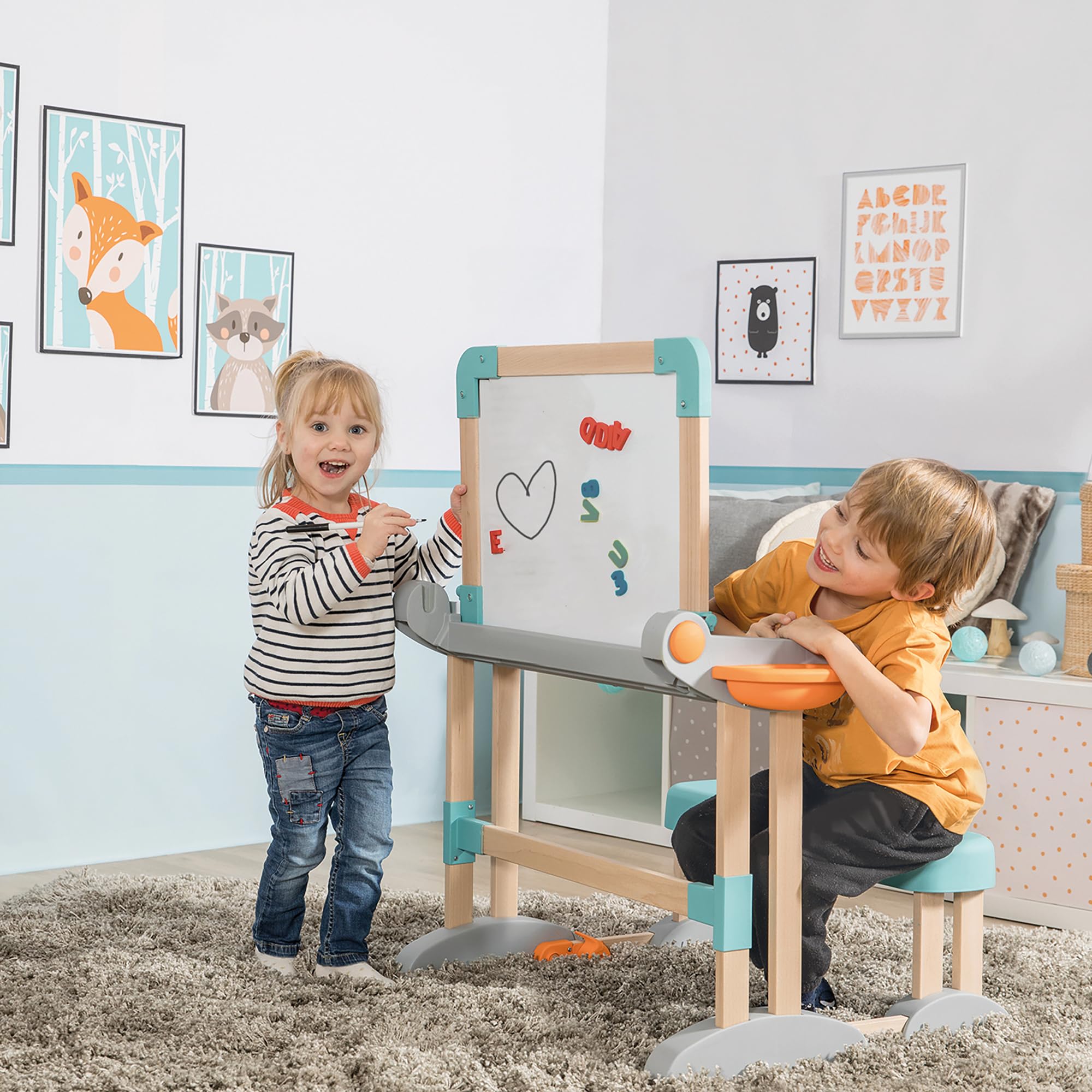Smoby - Modulo Space Desk - Trasformabile in Lavagna bifacciale - Legno e plastica - Pieghevole e Compatto - 80 Accessori Inclusi - dai 3 Anni