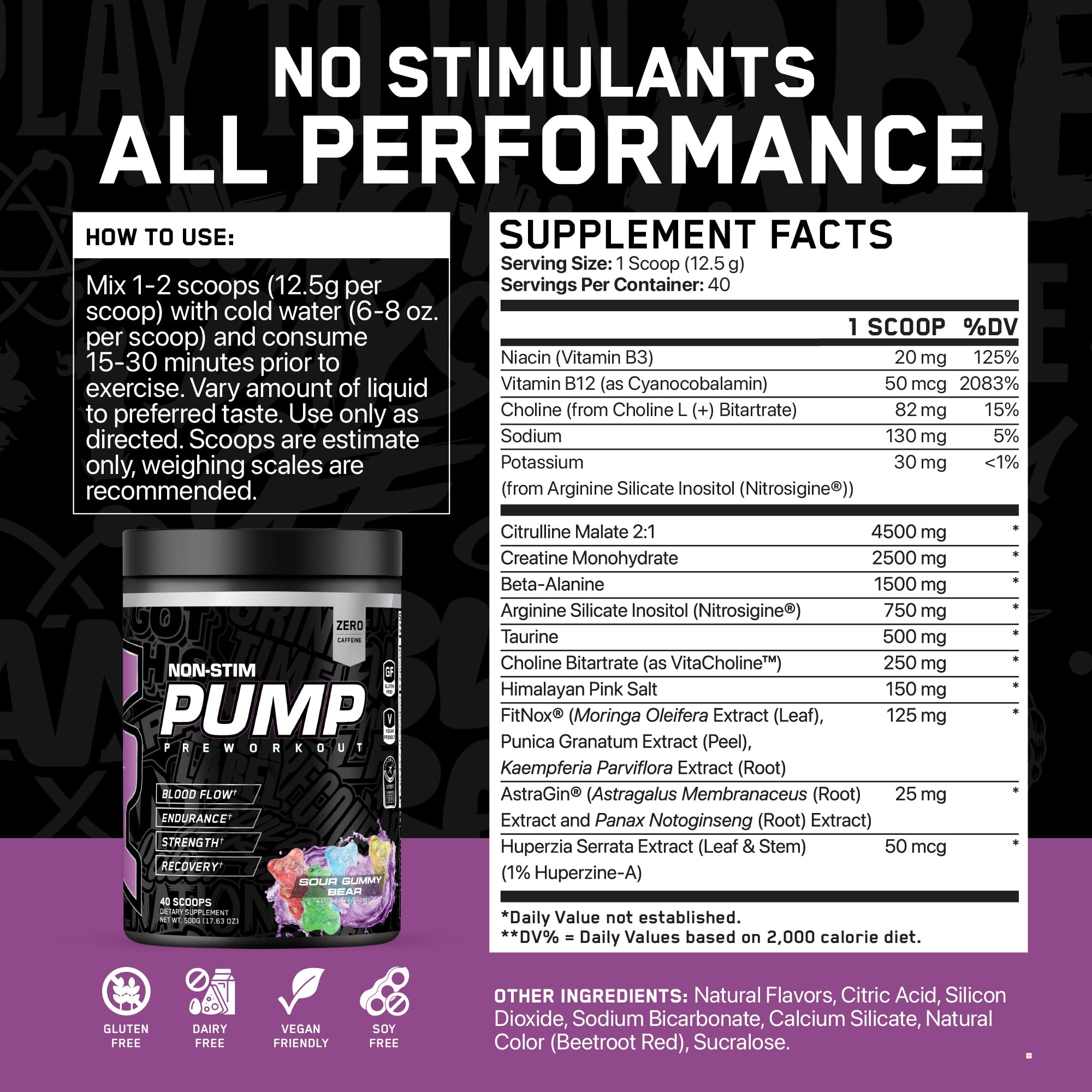 All Black Everything Non Stim Pre-Workout | Preworkout Energy Drink Mix | Caffeine Free | Creatine, Beta Alanine & Citrulline | Energy Supplement for Men & Women | Sour Gummy Bear | 40 Servings — Amazon image 2