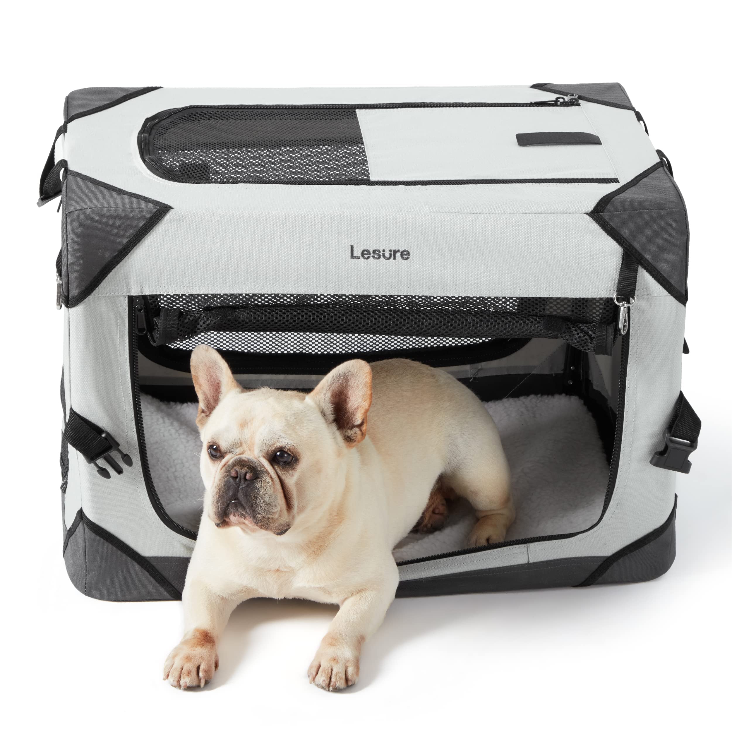 Lesure Collapsible Dog Crate - Portable Travel Kennel for Small Dog, 4-Door Pet Crate with Mesh Windows, Indoor & Outdoor, Light Gray