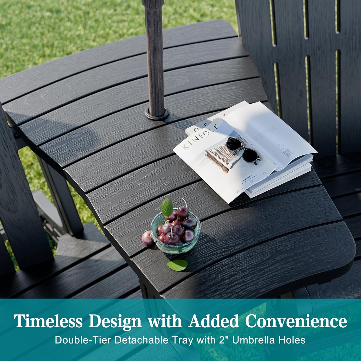 JY QAQA Outdoor Adirondack Chair Set of 2, All-Weather HDPE Patio Furniture with Detachable Table, Wood Texture & Cup Holder for Patio, Poolside, Garden, Black