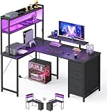 VASAGLE Bureau Gaming d'angle Réversible, Prises USB & LED, Table en L Étagères, Support d'Écran 3 Tiroirs Rangement, 140 x 100 cm, Travail Domicile & Gaming, Noir Boisé et Noir Mat LWD162B101 - 1