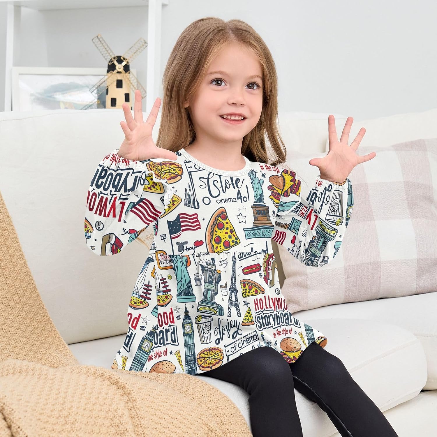 visesunny Toddler Clothes for Girls American Food Hollywood Long Sleeve Fall Shirts Cotton Top with Ruffle Collar