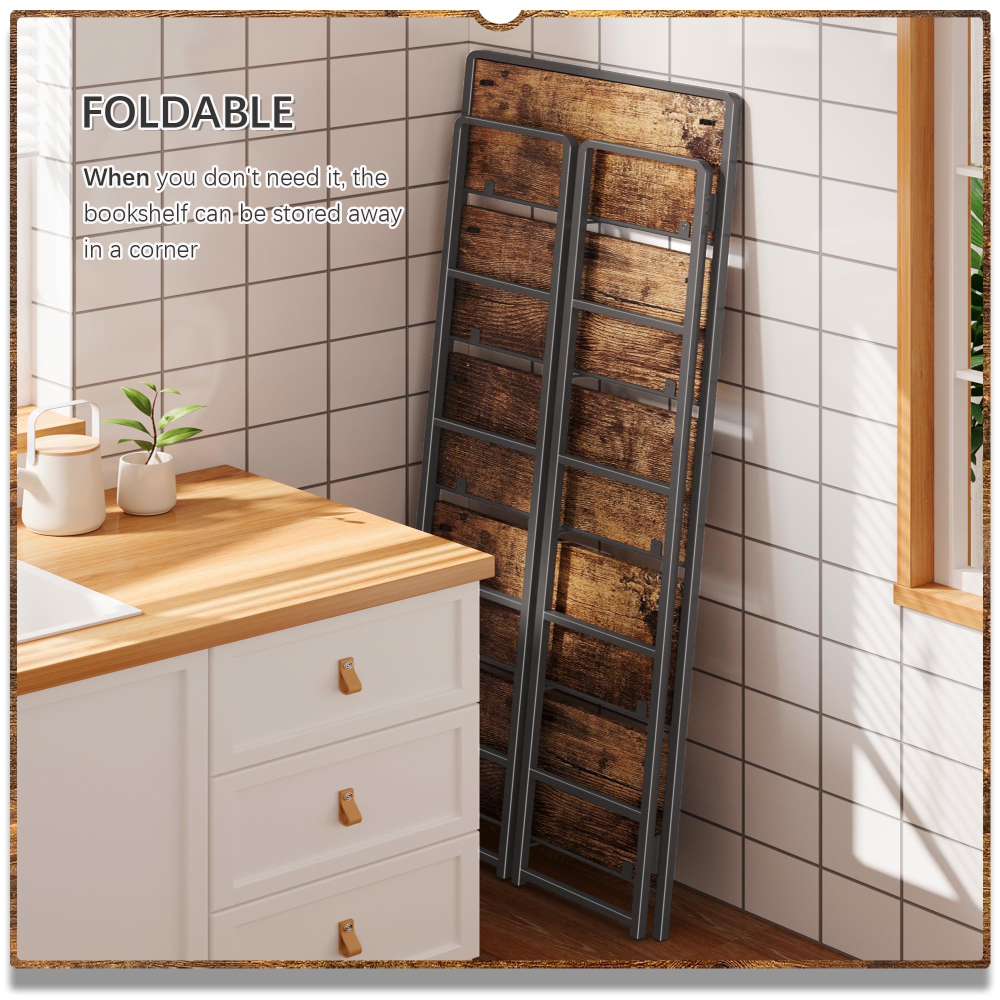 4NM No-Assembly Folding Bookshelf Storage S Shelves3 Tiers Vintage Bookcase Standing Racks Study Organizer Home Office Natural And White