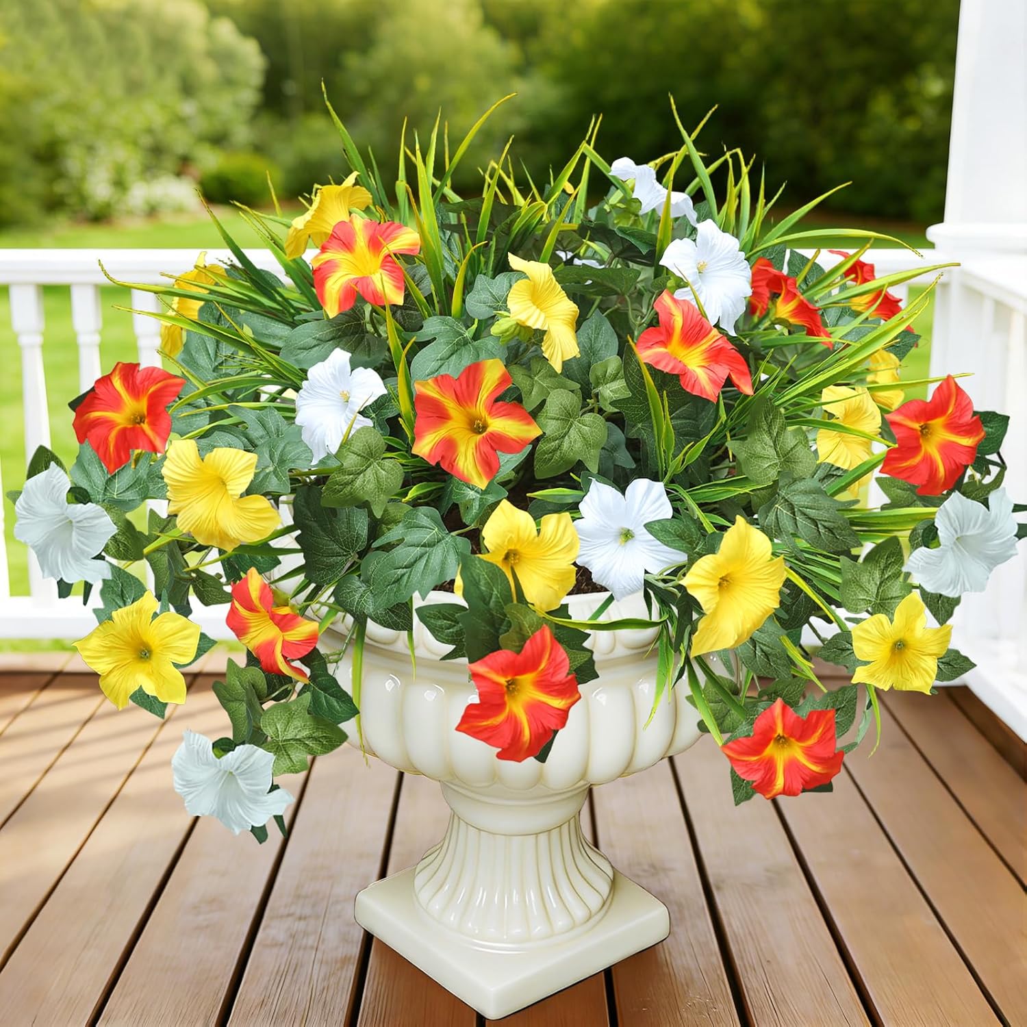 Artificial Flowers Plants for Outdoors, 6PCS UV Resistant Faux Flowers Outdoor Plants, Fake Petunias Silk Flowers for Garden Balcony Yard Porch Decor (Yellow Orange White)