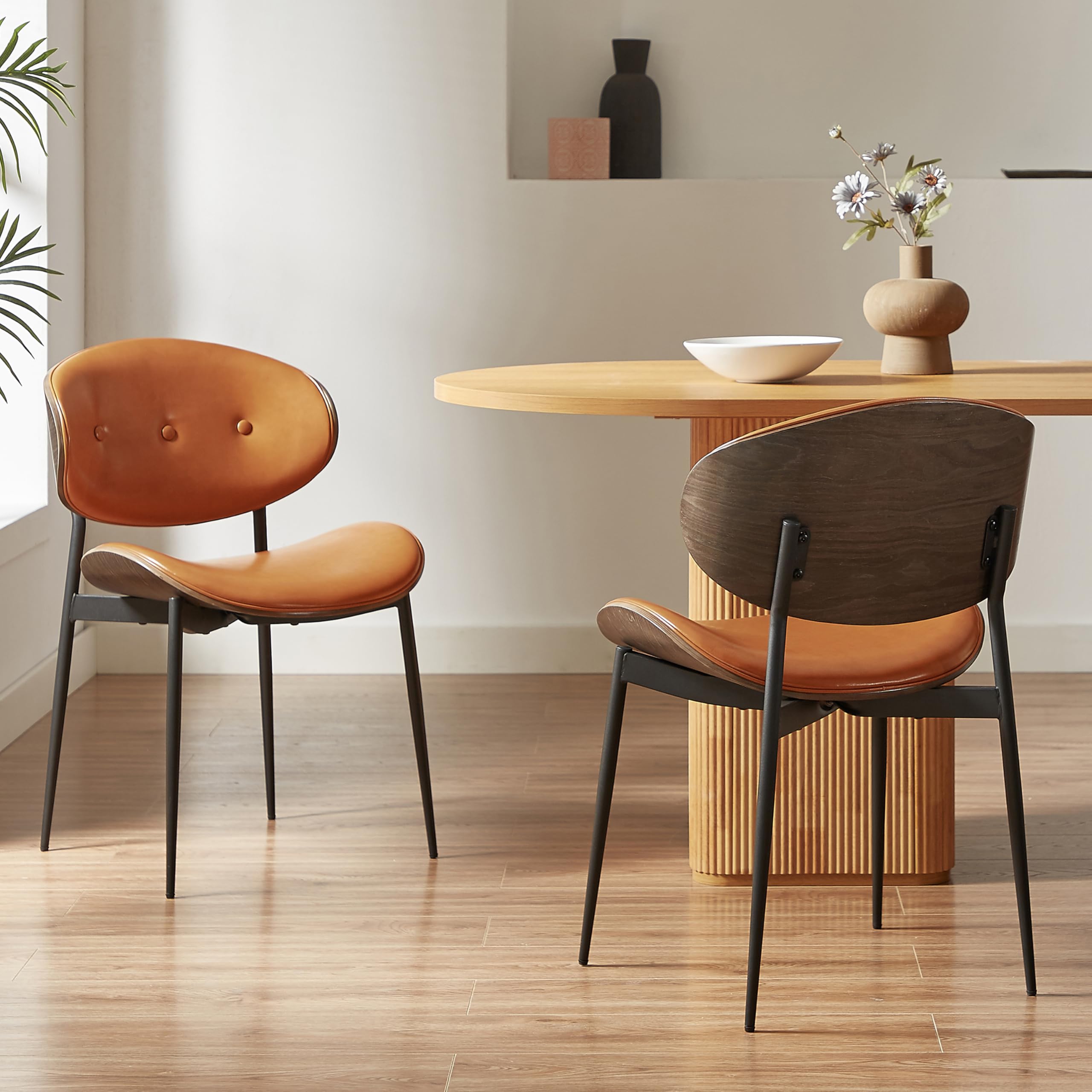 Art Leon Mid Century Modern Dining Chairs, Set of 2, Faux Leather Kitchen Dining Room Chairs, Armless Accent Chairs with Metal Legs, Gray Oak/Brown