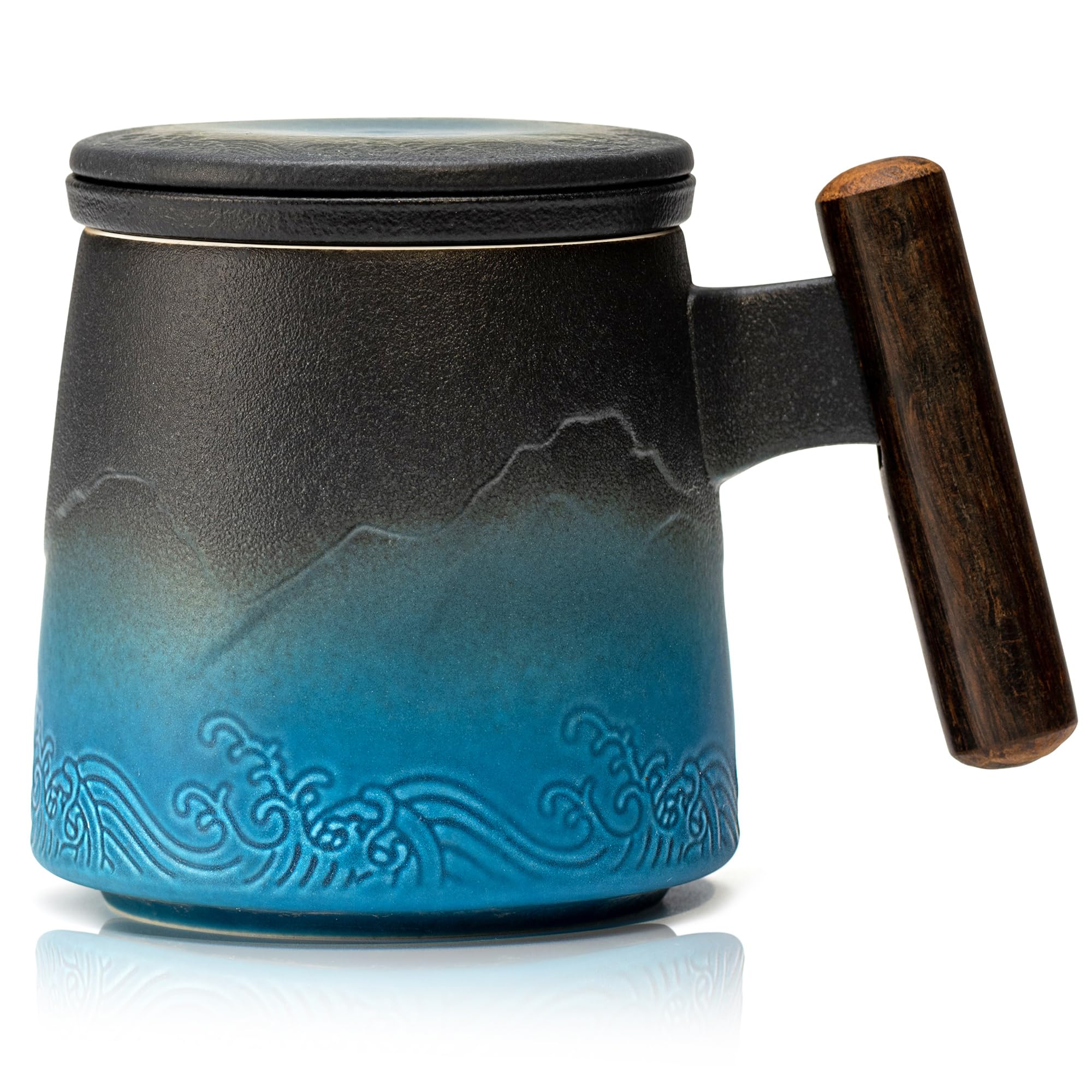 Tea Cup with Infuser and Lid, Raw Wood Handle Ceramic Loose Leaf Tea Mug,Embossed Tea Steeping Mug for Gifts, Gradient Black&Blue 400ml/13.5oz