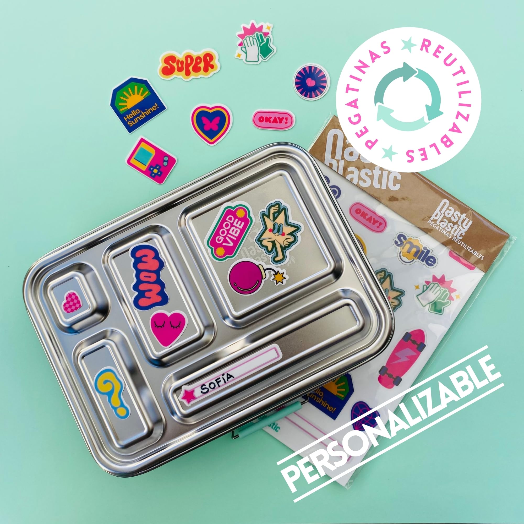 Pack Completo Fiambrera Infantil de Acero Inoxidable Antifugas con 5 Compartimentos + 2 Botes herméticos para poner yogur/hummus + Pegatinas Reutilizables. SIN BPA. CERO PLASTICOS