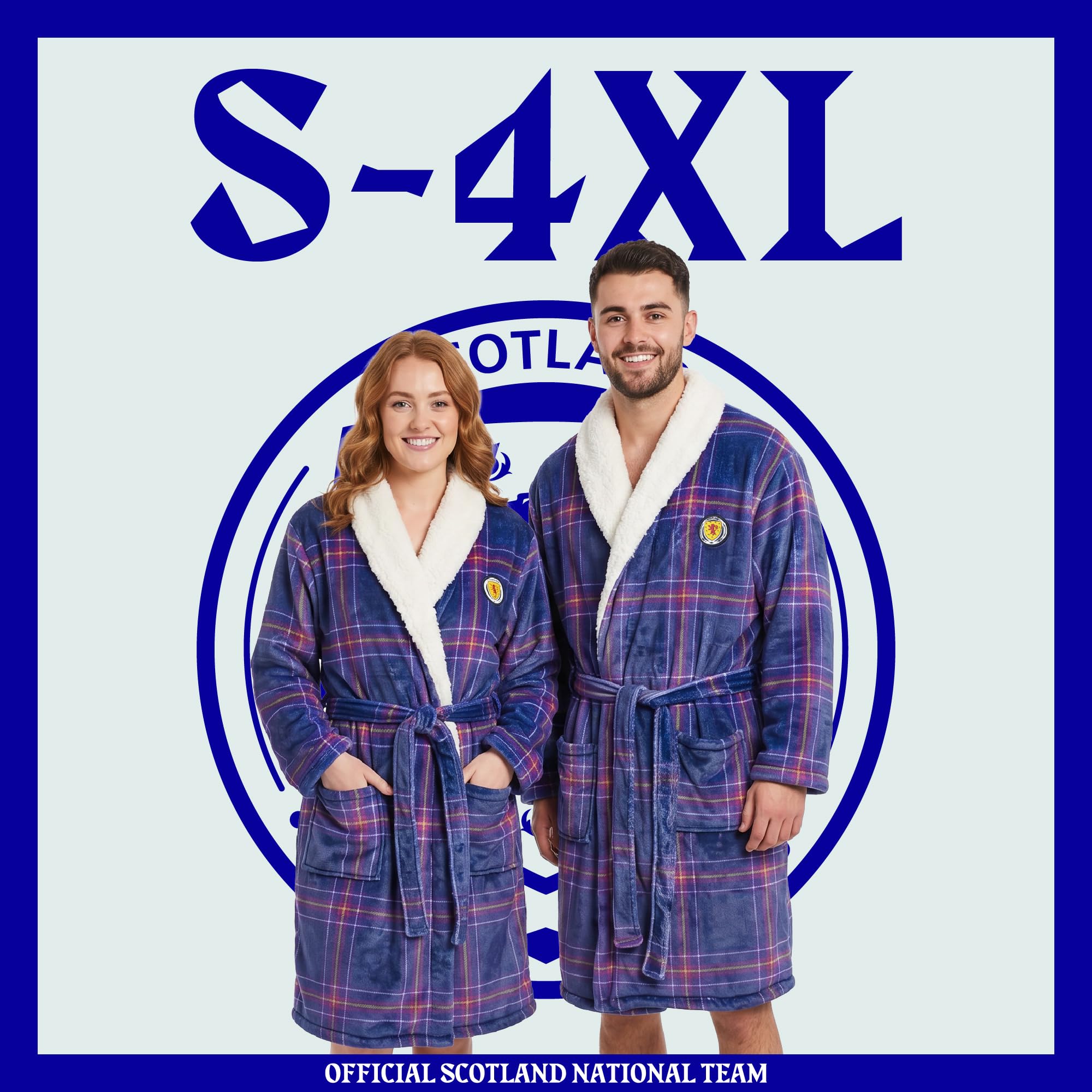 Accappatoio ufficiale della squadra nazionale scozzese da uomo – comodo accappatoio in pile Sherpa blu tartan con cappuccio per i fan dell'esercito tartan