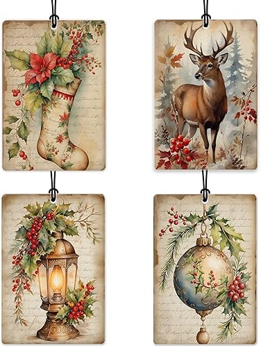 Ambientador de coche retro de Navidad, 4 piezas, accesorios de automóvil de Navidad vintage para mujeres, ambientador colgante de granja para autos,