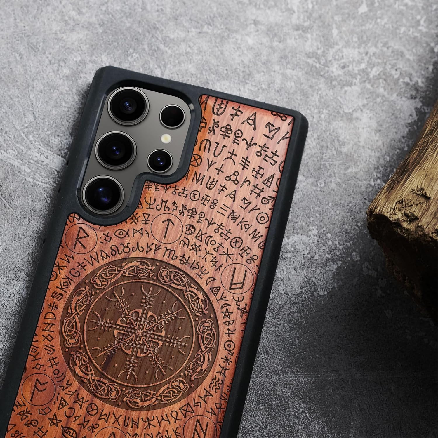 Carveit Wood Case for Galaxy S25 Ultra Case 2025 [Natural Wood & Black Soft TPU] Shockproof Protective Cover Unique Wooden Design Compatible with Samsung S25 Ultra (Viking Symbol-Rosy)