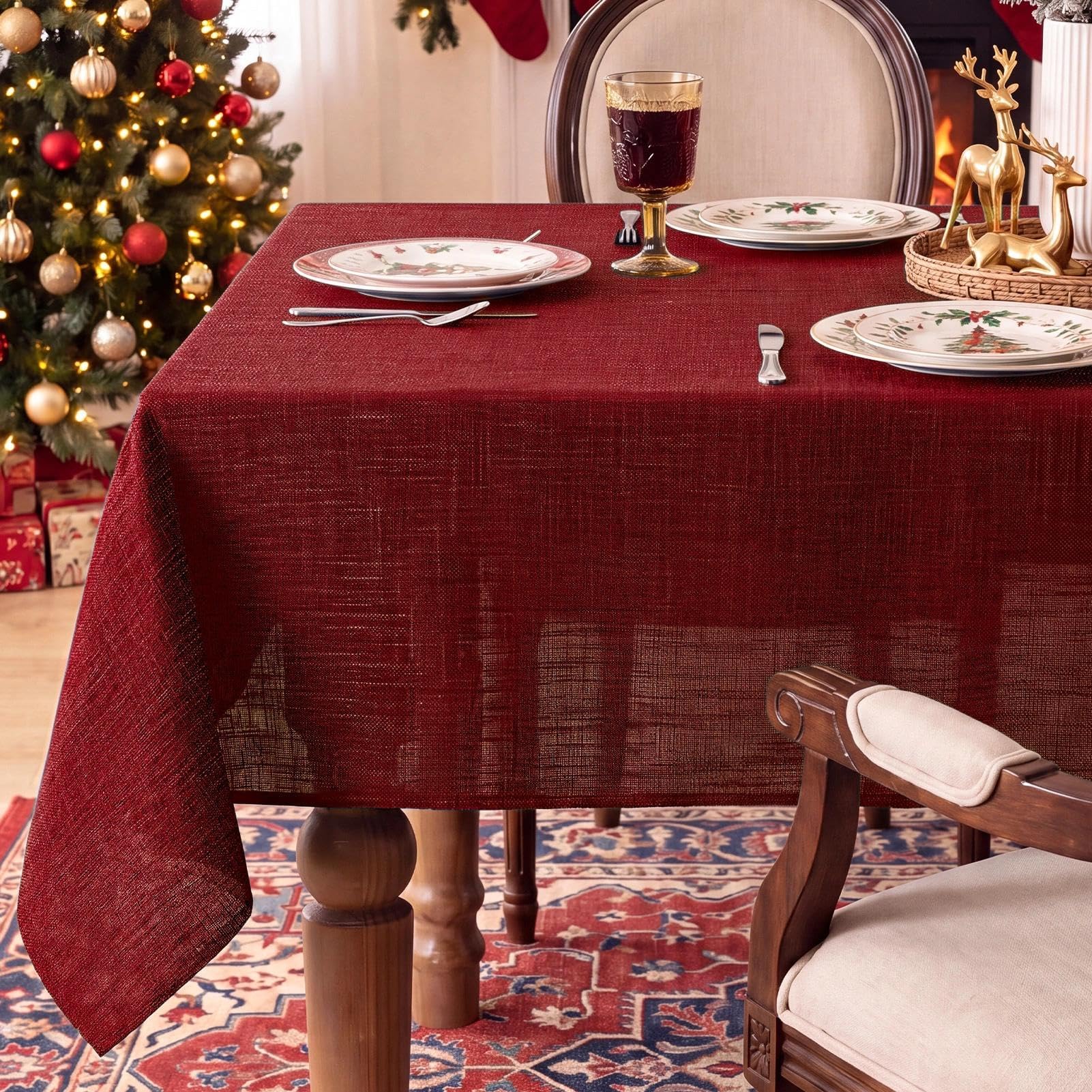 FIBORIA Red Christmas Table Cloth Faux Linen Rectangle 140x240 cm Xmas Table Cloths Wipe Clean Water Resistant Wipeable Tablecloth for Winter Banquet Dining Living Room Kitchen Party, 55x94 inch