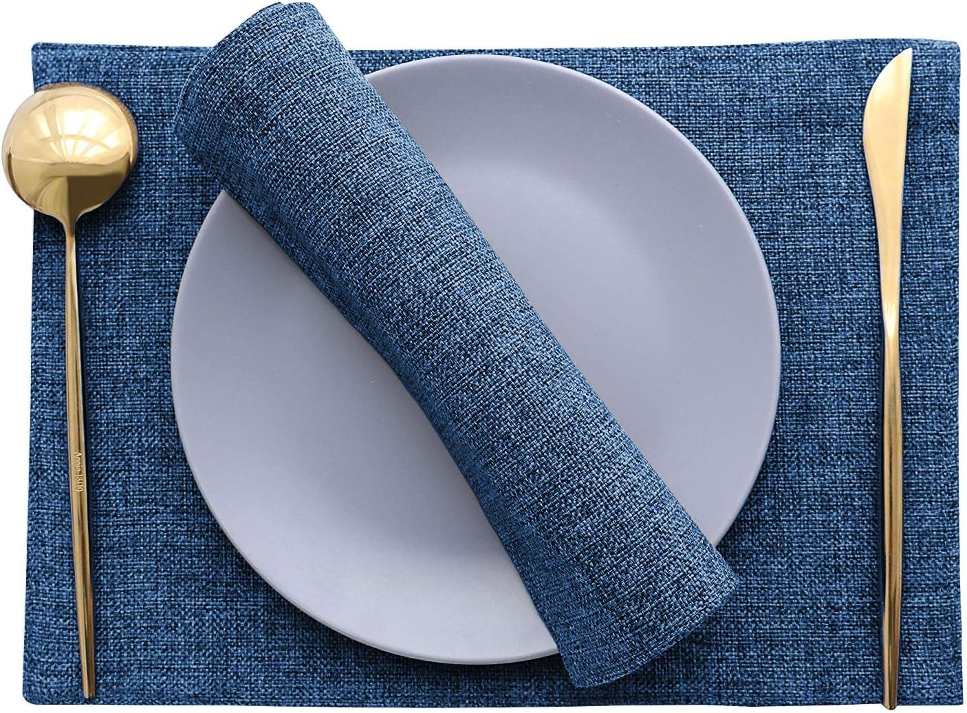 Two-Sided Washable PolyJute Placemats/Tablemats SET OF 4 Heat Resistant Dining Table Place Mats for Kitchen Coffee Table Wedding Party, 12 x 18 inches, (Navy Blue)
