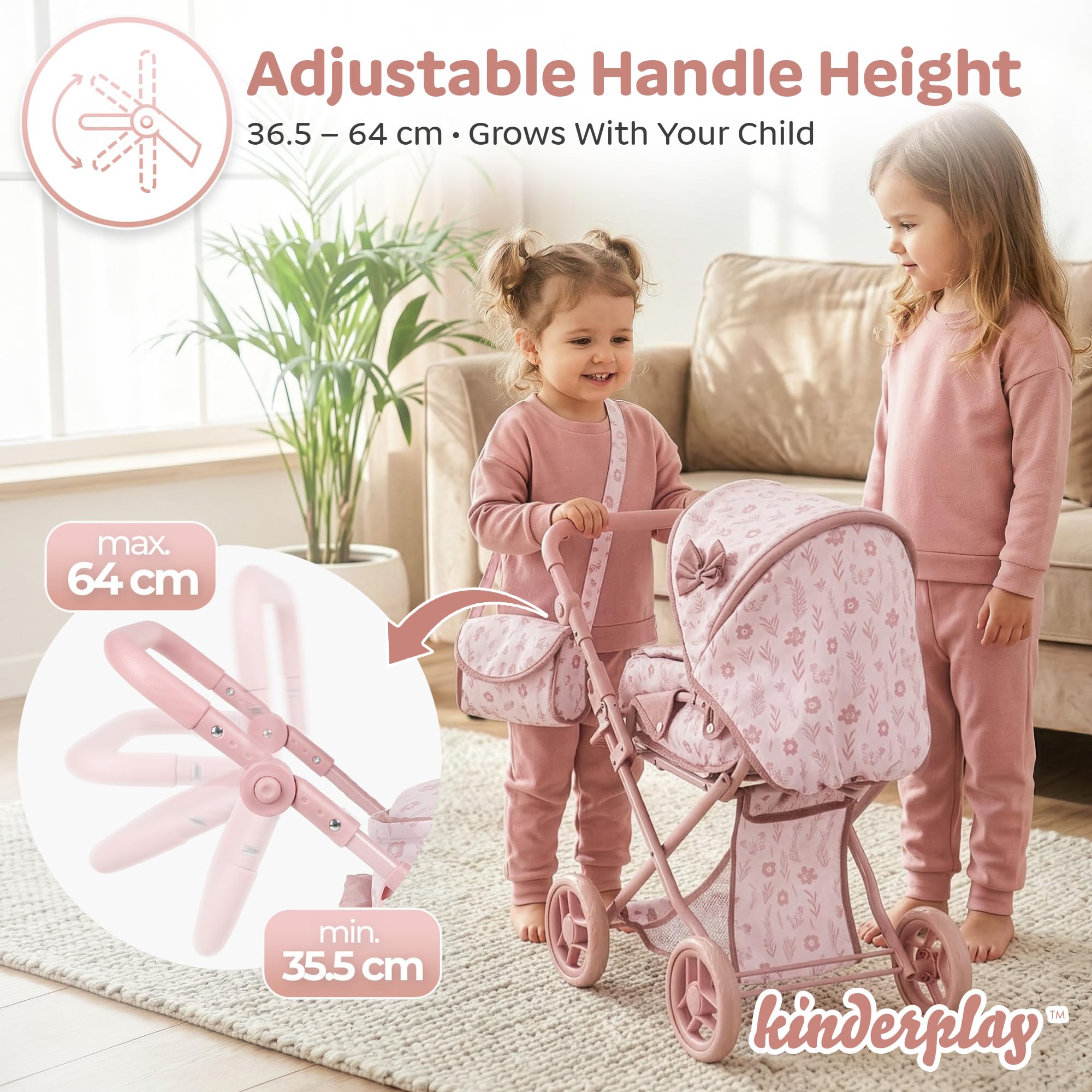 Kinderplay Wózek dla lalek 3 w 1 z torbą do przenoszenia, wózek dla lalek z regulacją wysokości 36,5-64 cm, składany wózek dziecięcy z cichymi kółkami piankowymi, dla lalek do 40 cm, od 3 lat