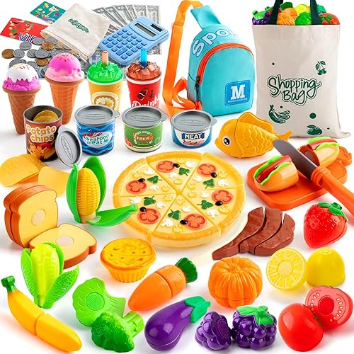 Miniatura 1 de Juegos de alimentos para cocina de niños, 68 piezas de comestibles de juguete con bolsas de compras, calculadora para niños pequeños, comida de