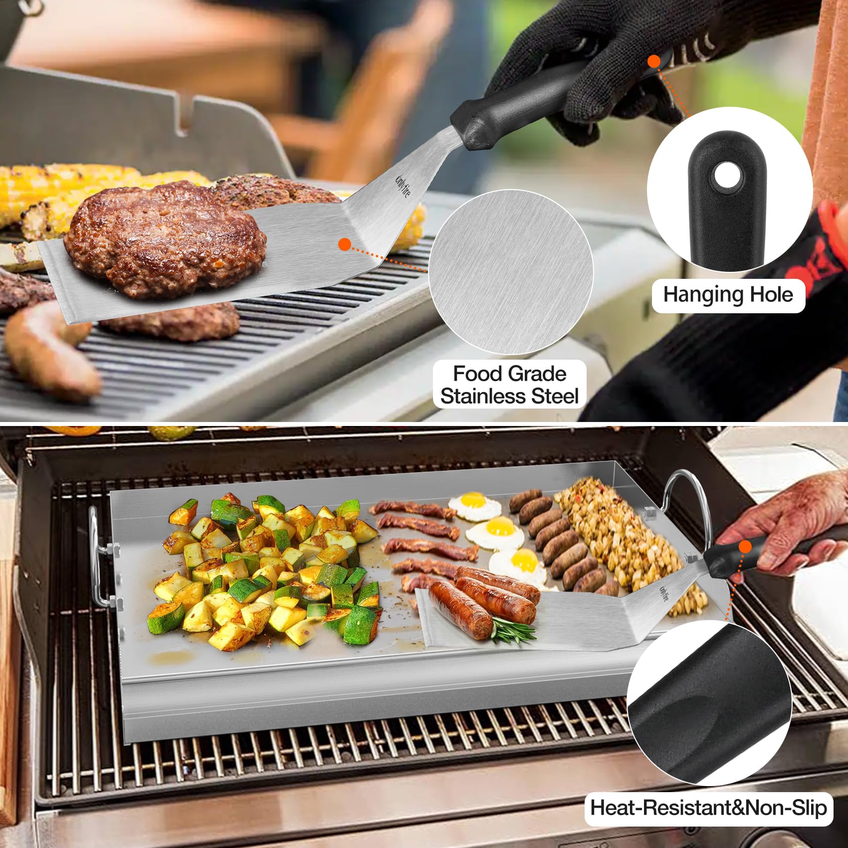 onlyfire Plancha para Barbacoa de Acero Inoxidable con Raspadora, Espátula para Plancha y Estropajo para Parrillas de Gas y Carbón, Plancha Placa y Kit Accesorios Barbacoa, 45.5 × 32 × 7 cm