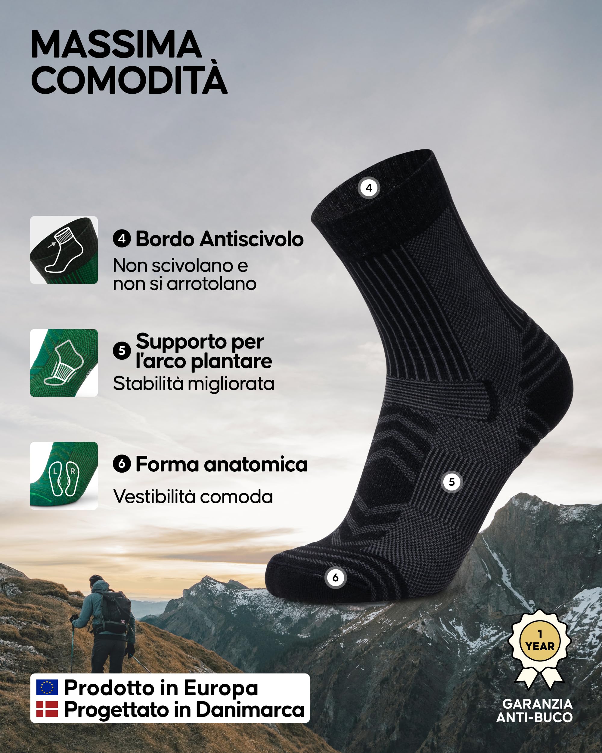 DANISH ENDURANCE 3 paia di calzini da trekking leggeri in lana merino, anti-vesciche, da uomo e da donna