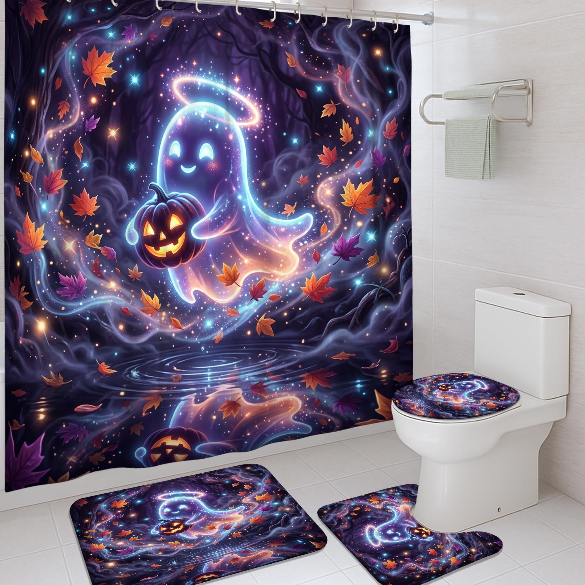 Rideau de douche fantômes et tapis d'Halloween pour une salle de bain festive