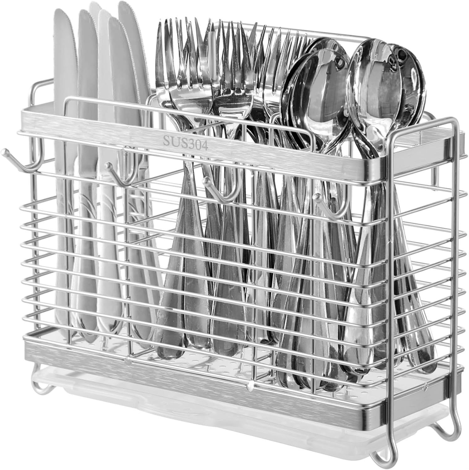 Kitchen Stainless Steel Utensil Rack, 3-Section Draining Basket With Drainage Tray, 4 Hooks, Organizer For Spoons, Forks, Chopsticks, And Cutlery