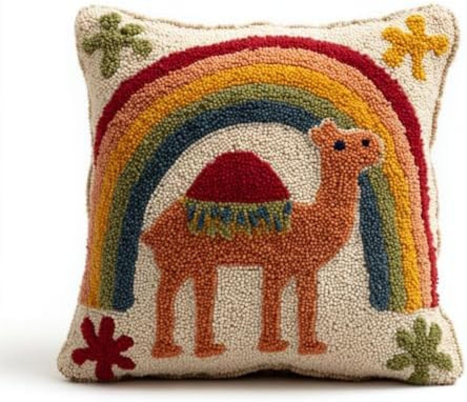 kitphoenix Latch Hook Cushion Kit for Adults,Camel and Rainbow,DIY Pillow Cover Making Craft Set with Pre-Cut Yarn,Pre-Printed Canvas and Hook,43x43 cm for Beginners