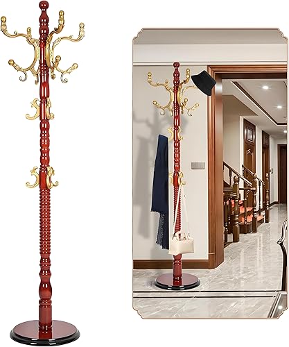 Perchero independiente de madera, con 3 tamaños ajustables y 14 ganchos, resistente árbol de pasillo con base redonda sólida para entrada, pasillo,