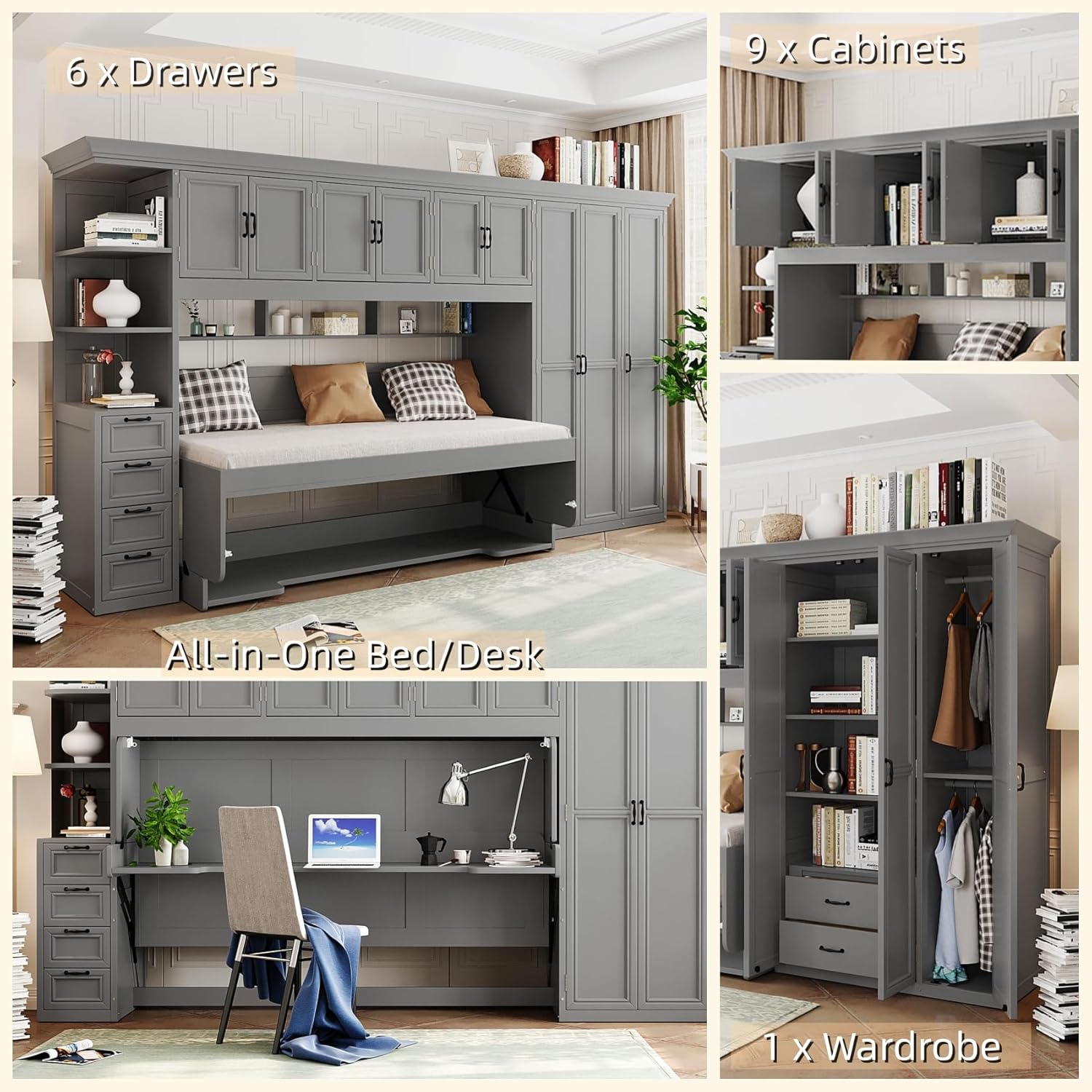 Merax Twin Size Murphy Bed with Desk, Multifunctional Wood Foldable Wall Bed with Wardrobe, Drawers and Cabinet, Space-Saving Hidden Bed for Guest Room Office, No Box Spring Needed, Grey