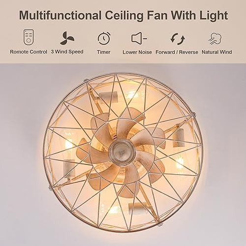 Miniatura 7 de Ventilador de techo enjaulado de montaje empotrado con luces, ventiladores de techo de granja de 20 pulgadas con control remoto, ventilador de techo