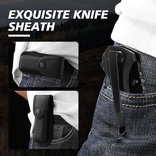 Miniatura 5 de Cuchillo plegable,Cuchillo de bolsillo de 3.5 pulgadas con mango de aluminio y funda de nylon,Hoja de acero inoxidable de alto carbono