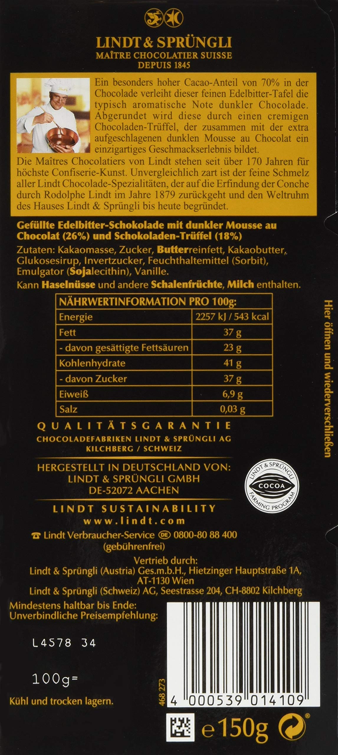Lindt Edelbitter Mousse Chocoladen-Trüffel Tafel, 70% Cacaogehalt in der Chocolade, 13er Pack (13 x 150 g)