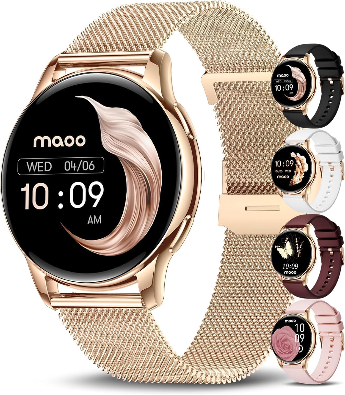 maoo Ventura Smartwatch Damen, 5 Armbänder inklusive, 1,32" AMOLED Display, Telefonfunktion, Fitnessuhr mit Herzfrequenz, SpO2, Schlafmonitor, 100+ Sportmodi, IP67 Wasserdicht