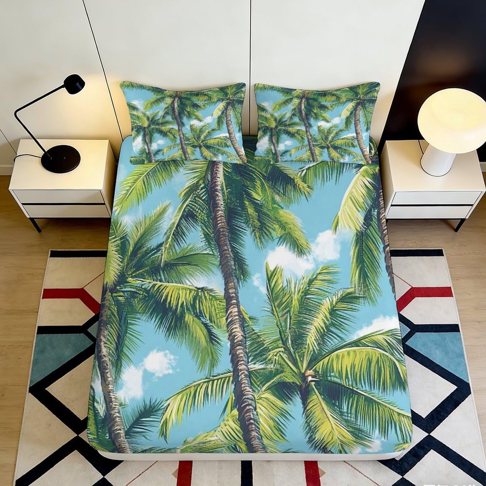 Tropical decor 3D Printed Fitted Sheet with palm tree pattern, Microfiber soft touch, guest room bedding, wrinkle resistant, easy care 90x200x25cm