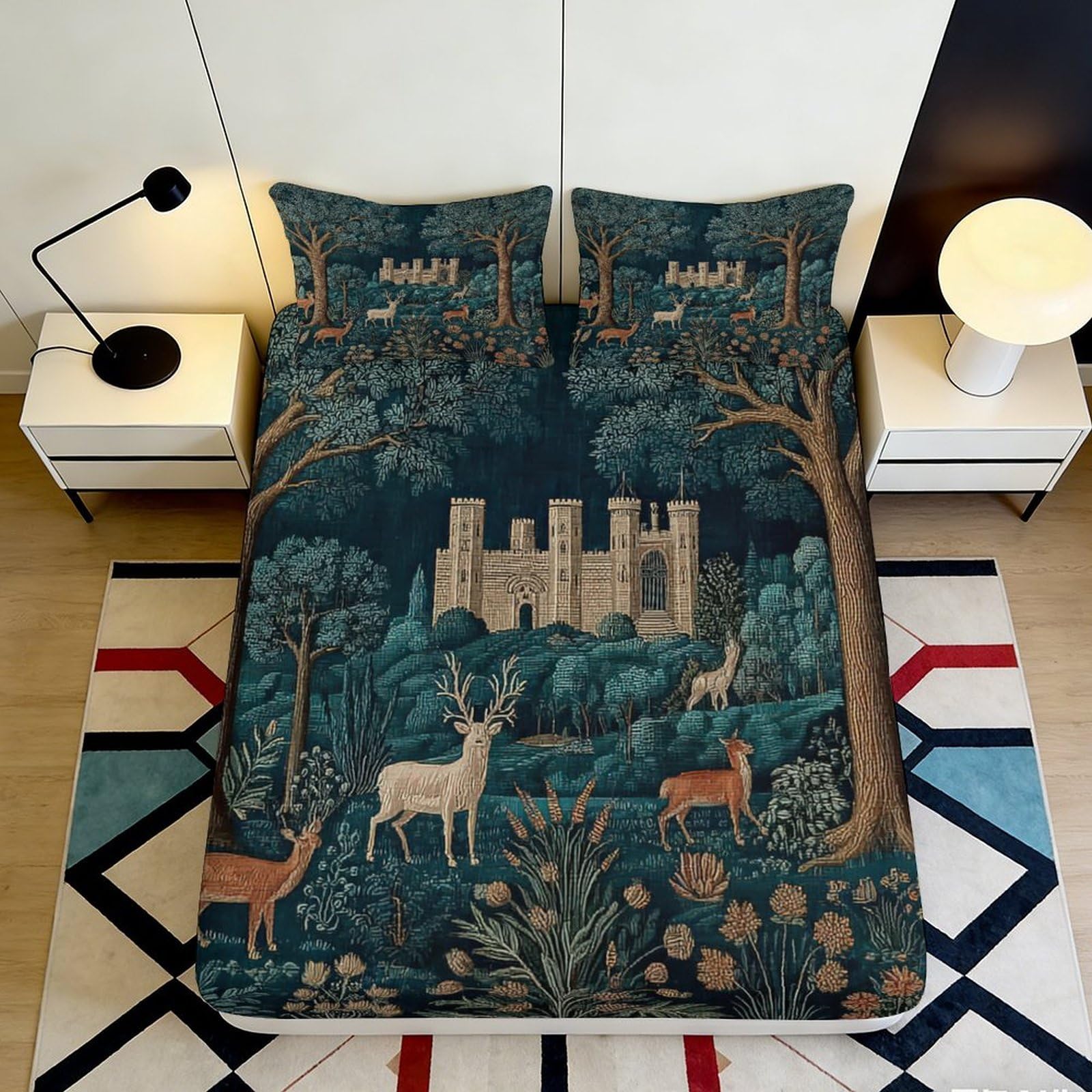 3D Printed Forest Castle Fitted Sheet Microfiber Soft Breathable Deer Pattern Bed Cover for Bedroom Dormitory Guest Room Mattress Protection 200x200x25cm