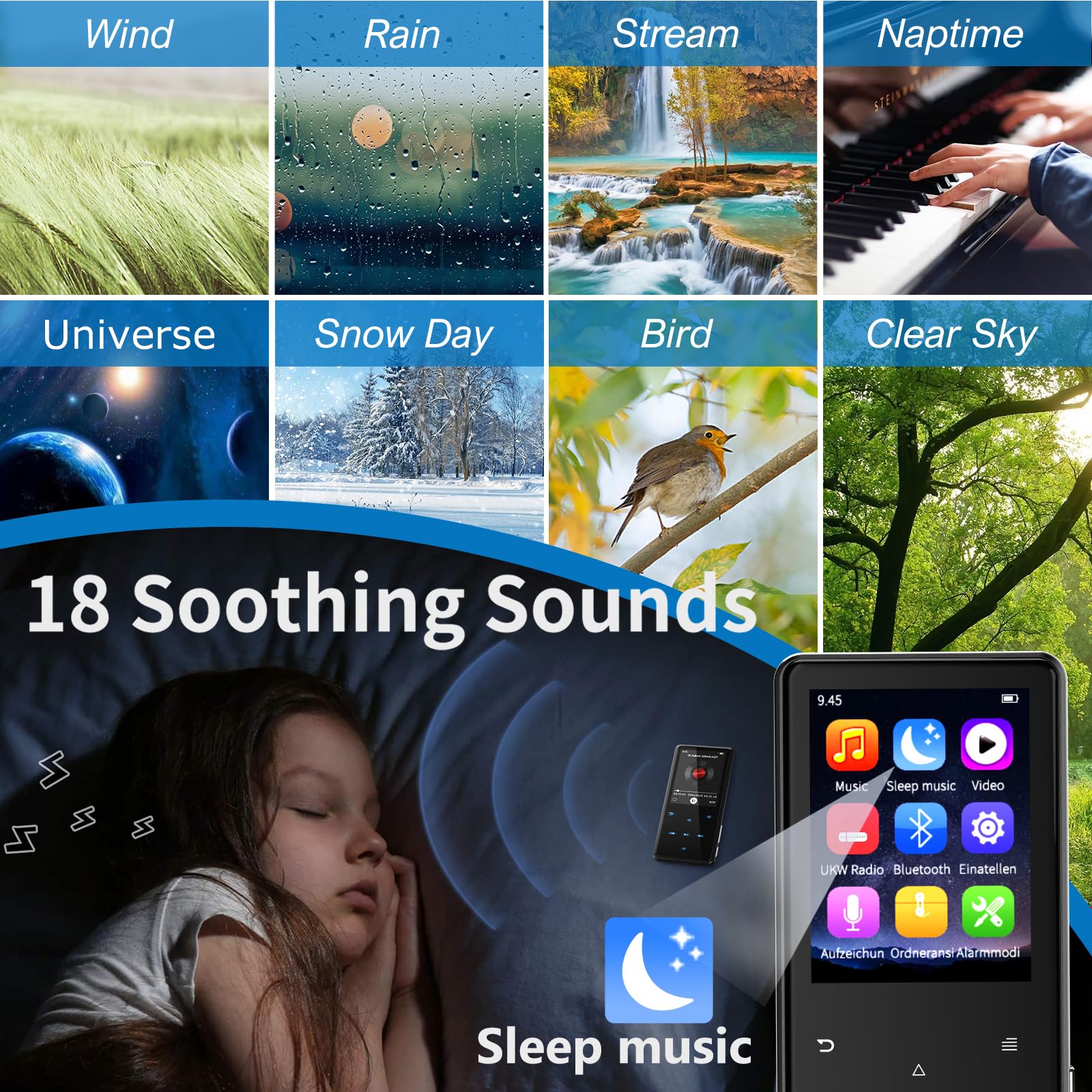MP3 Player mit Bluetooth 5.3, 64GB und 2,4" Display – Mit Touch-Tasten, Lautsprecher, Metallgehäuse, HiFi-Klang, 18 Schlafgeräuschen, FM-Radio, E-Book-Reader – Unterstützung bis zu 128 GB.