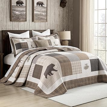 Bedduvit 100% Cotton 120"x120" Oversized King Bedspreads - Farmhouse Cottage Animal Patchwork Plaid Extra Wide Quilts, Rustic Lightweight Comforter Bedding Set with Pillow Shams, Brown/Beige/Gray