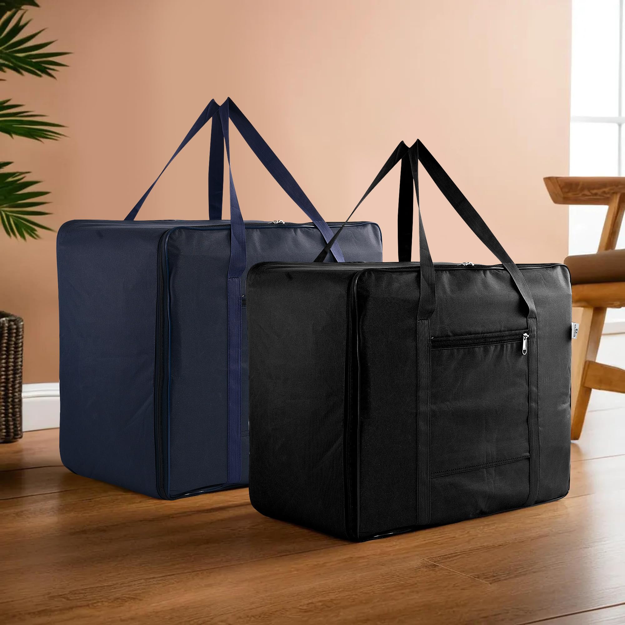 Heart Home Set of 2 Storage Bag | Clothes Storage Bag | Rexine Underbed Storage Bag | Wardrobe Organizer for Blanket-Comforters | Attachi Bag with Handle | Large | Navy Blue & Black-image-33