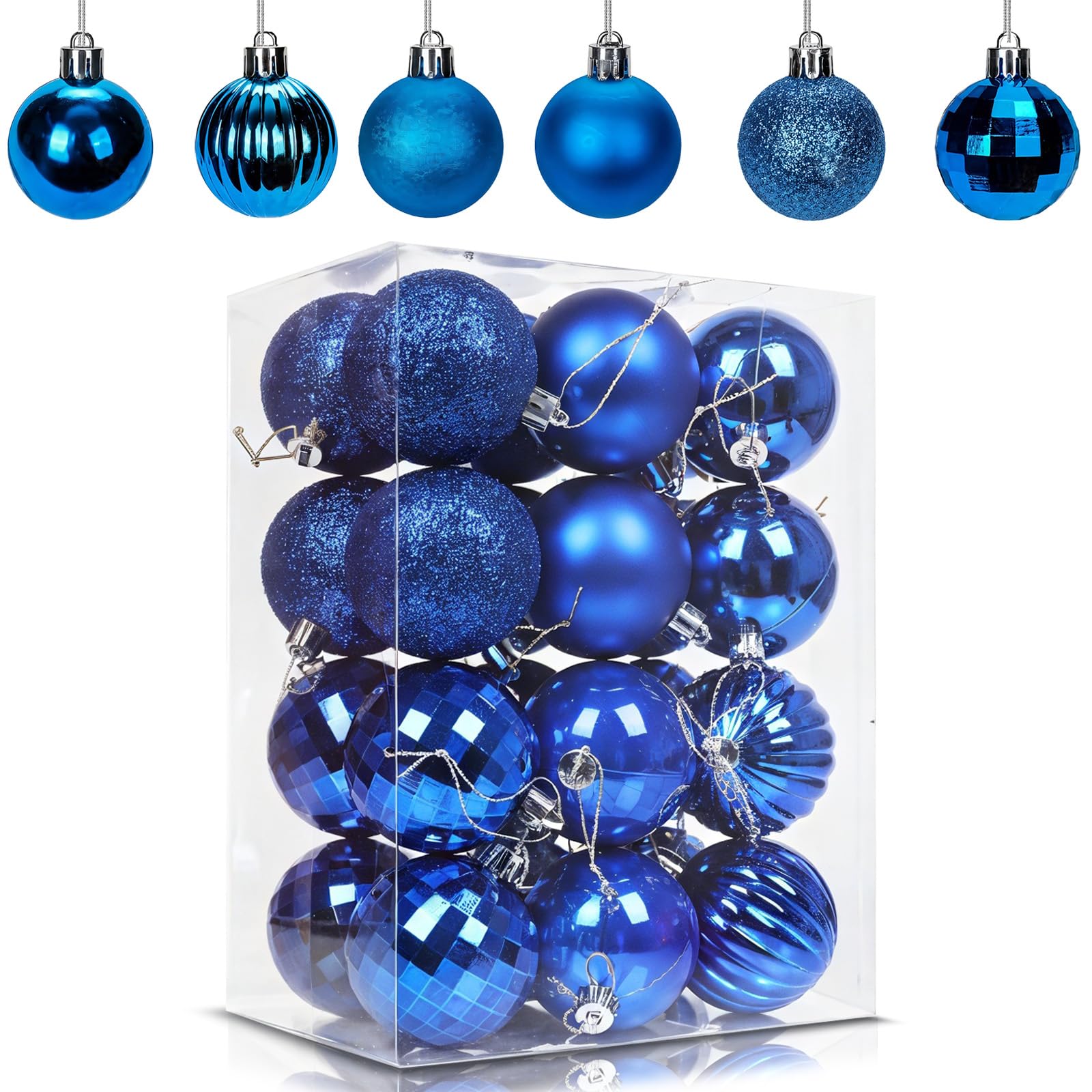 24Pcs Blue Baubles for Christmas Tree Decorations,60mm/2.36" Large Xmas Bauble Hanging Ball,Christma Balls Ornaments with String,Shatterproof Navy Christmas Baubles for Xmas Tree Holiday Party Decor