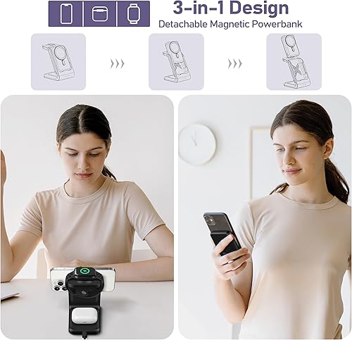 Miniatura 3 de Estación de carga inalámbrica 3 en 1 10000mAh Soporte de cargador de banco de energía extraíble para iPhoneApple WatchAirpods - Batería magnética