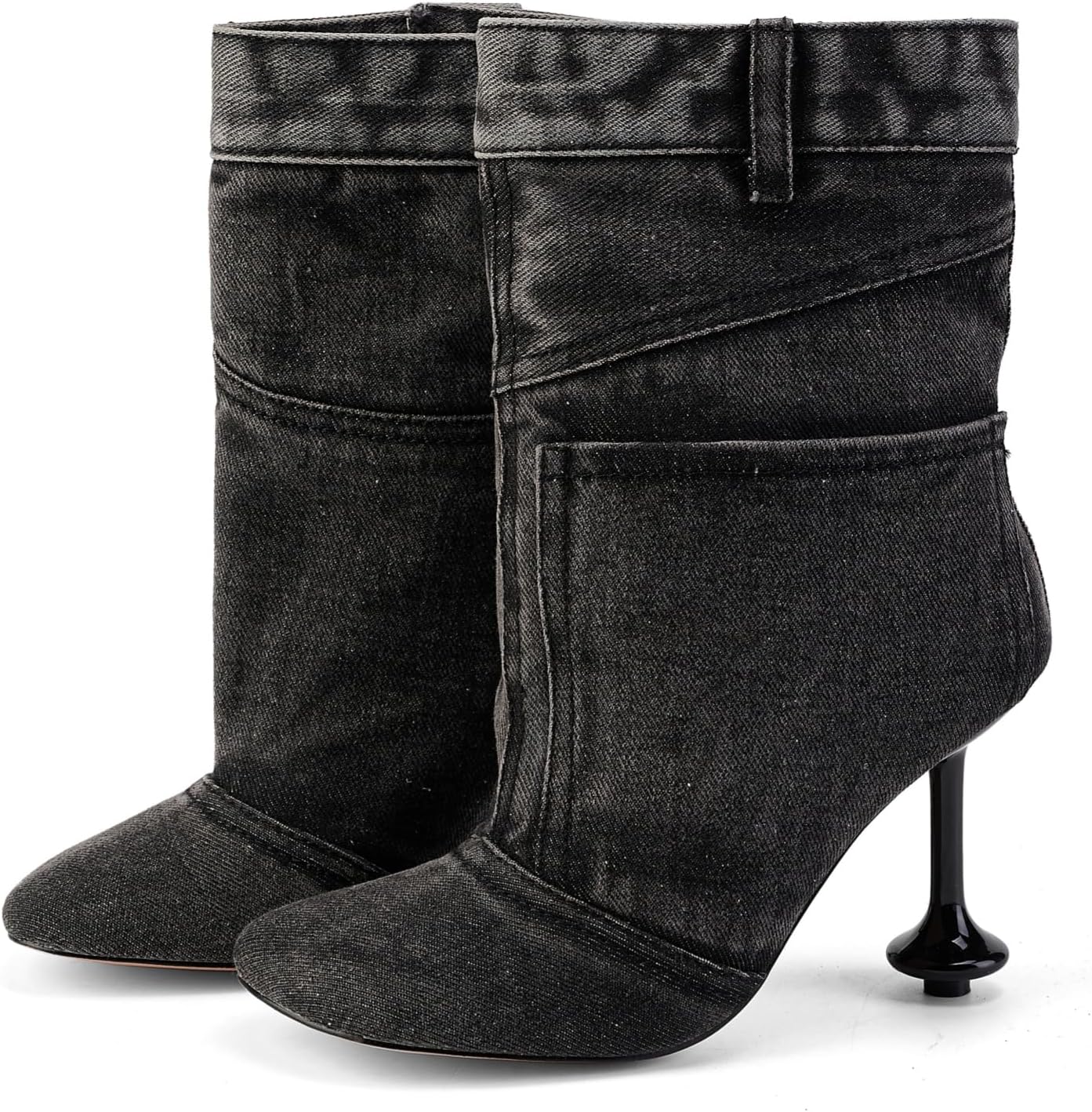 Jeans Boots for Women High Heels Square Toe Ankle Short Denim Booties Retro Cowboy Cowgirl with Zipper Fashion Casual Shoes