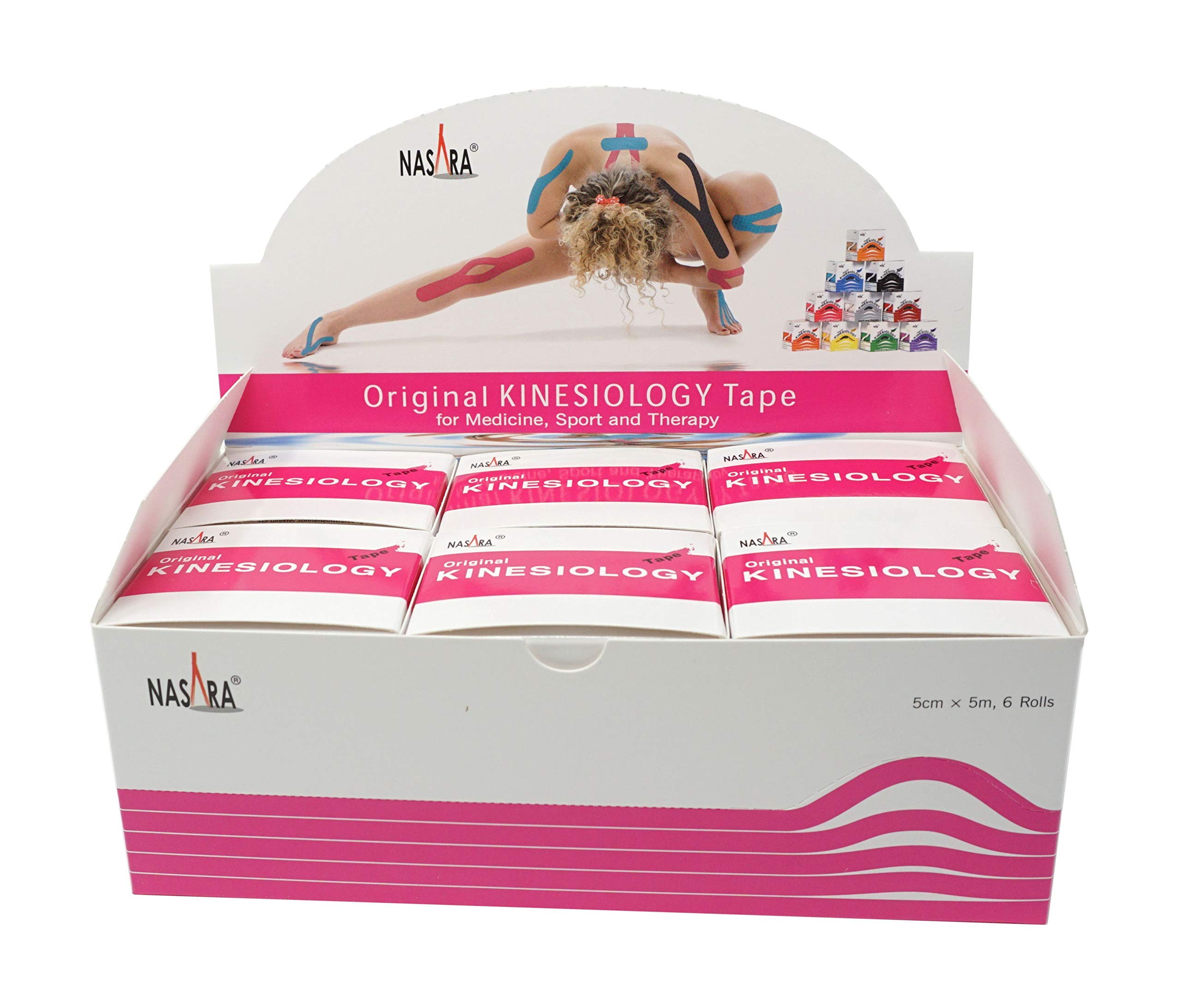 ATC Handels GmbH Nasara - Cinta de kinesiología (5 m x 5 cm, 6 unidades, incluye instrucciones con técnicas de pegado, resistente al agua y transpirable), color rosa
