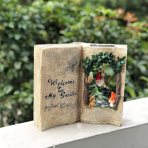 Miniatura 3 de Estatua de gnomo de jardín para exteriores, energía solar, libro solar, estatua de casa, columpio de gnomo en árboles, bienvenido a mi jardín