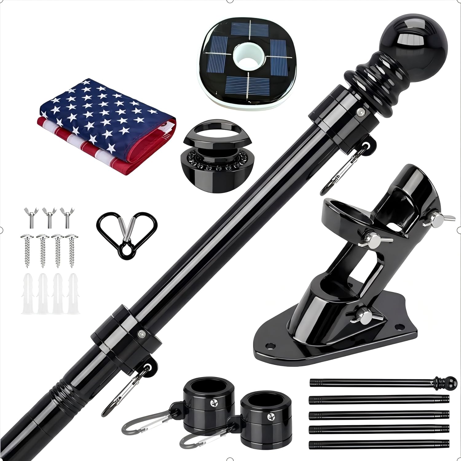6 FT Wall Mount Flag Pole Kit with Solar Light for Outside House, 3x5 Embroidered American Flag, Two-Position Bracket, 1" Stainless Steel Pole, Tangle Free Rings; Black