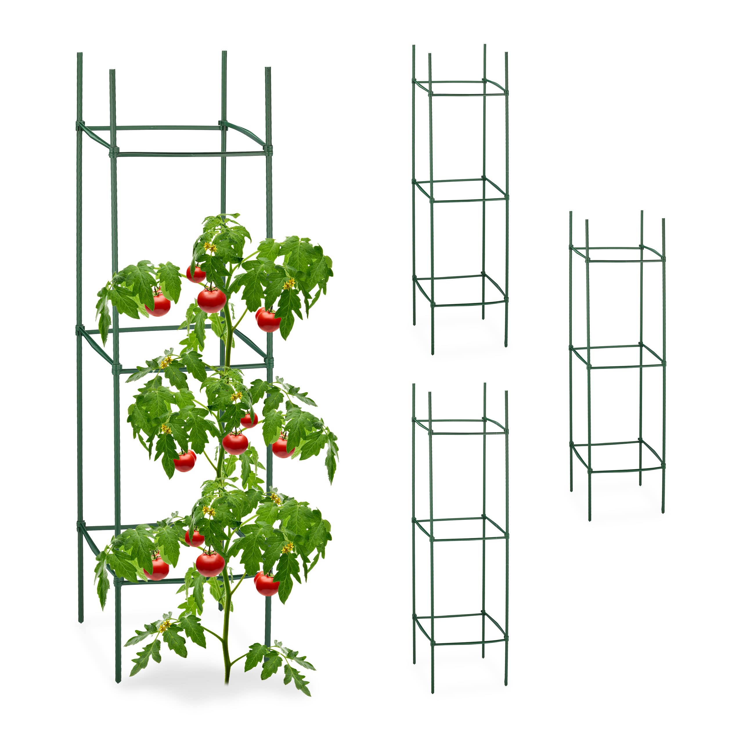 Relaxdays Tuteurs, Lot de 4, HxLxP : 120 x 32 x 32 cm, Fleurs et légumes, métal, Plastique, Aide à la Croissance, Vert