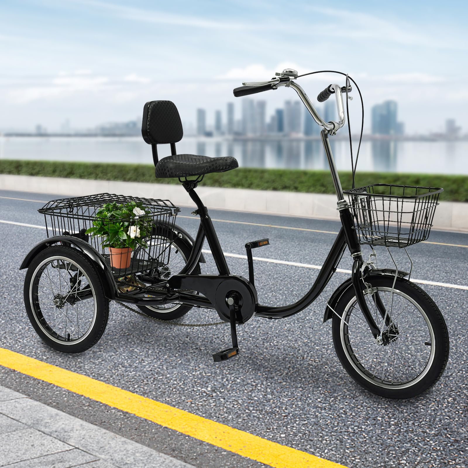 Triciclo para adultos de acero al carbono de 3 ruedas con cesta de la compra de hasta 330,69 libras, triciclo de altura regulable, bicicleta de crucero para personas mayores, color negro