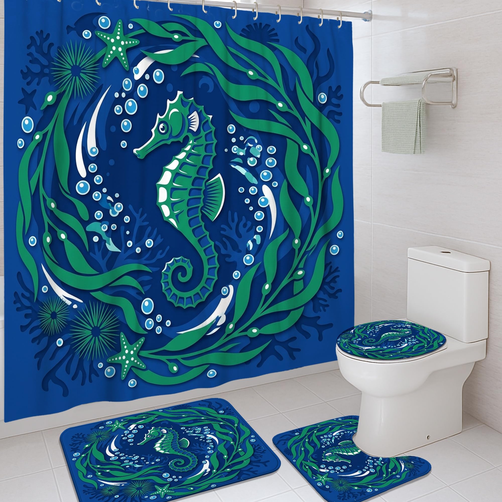 Rideau de douche anti-éclaboussures 183x183 cm en polyester bleu et tapis