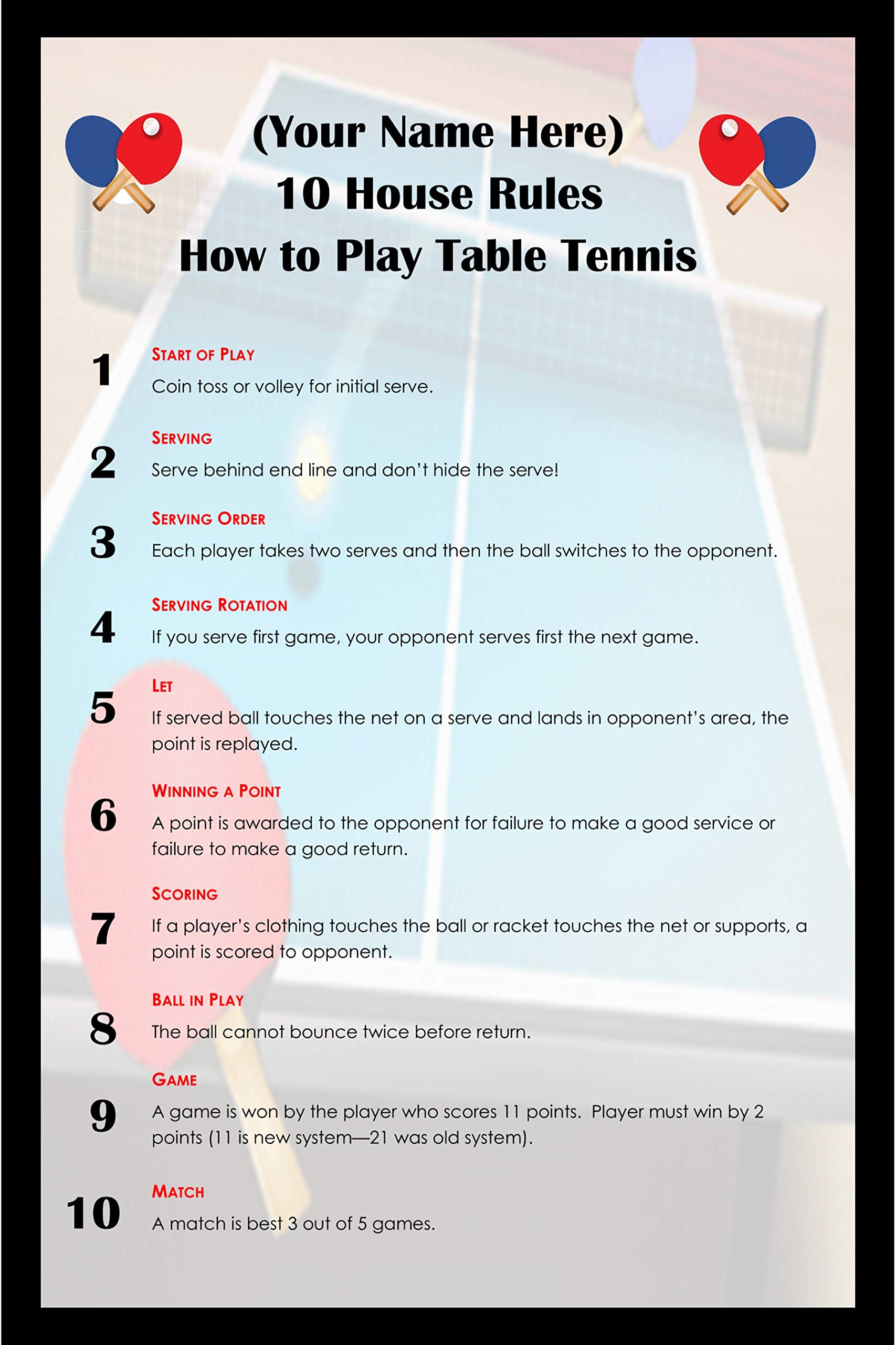 Personalized 10 Simple Table Tennis Ping Pong House Rules - Framed