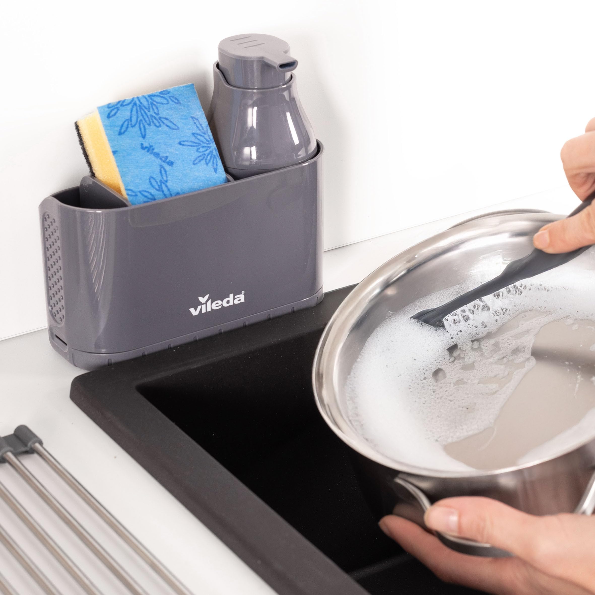 Vileda Organizador de Fregadero con Dispensador de Detergente - Soporte de pie para esponjas y cepillos con dosificador de jabón - Organizador de cocina de plástico con divisores ajustables