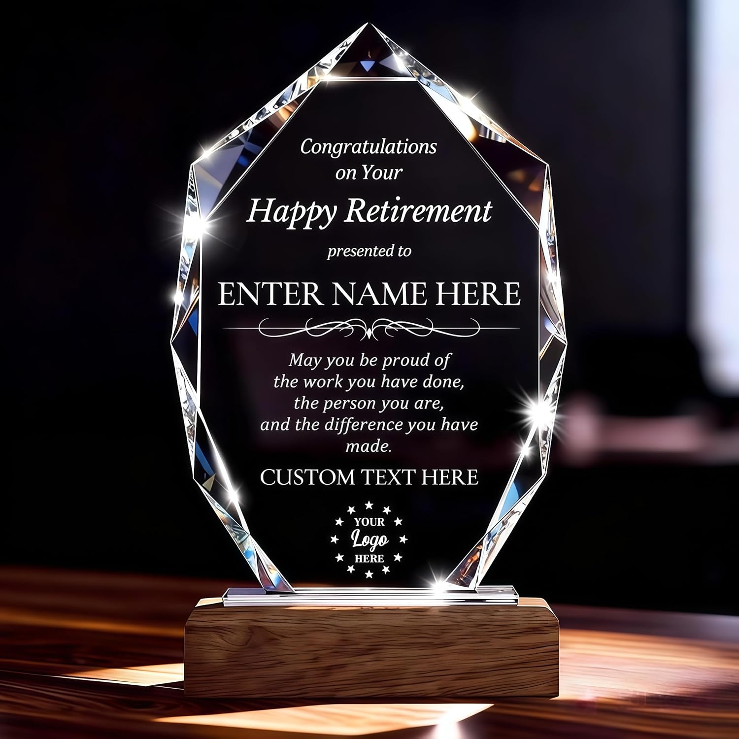 Custom Crystal Trophy Award with Wood Base, Personalized Plaque Engraved with Logo Text for Retirement, Difference Maker, Employee Appreciation Gifts for Coworker